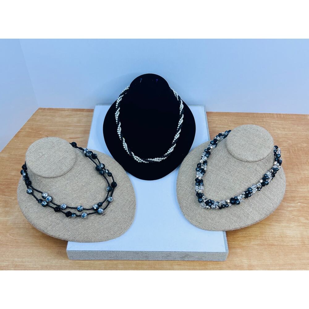 Set of 3 Beaded Necklaces - Choker Silver Black